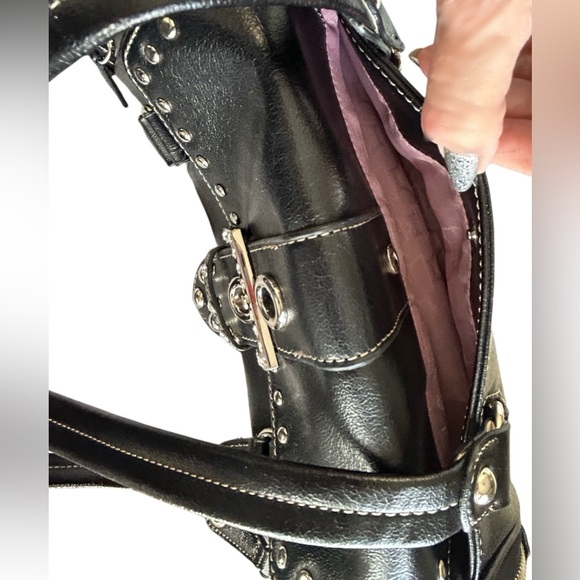 Kathy Van Zeeland Y2K Black Tootsie Roll Purse Satchel Side Zip Rhinestone - Picture 10 of 16